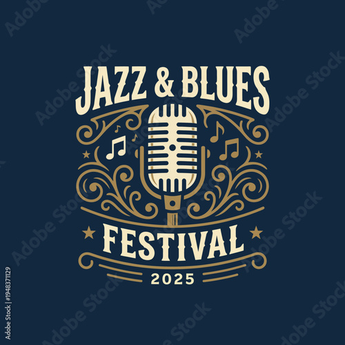 A stylish design featuring a microphone, celebrating the essence of jazz and blues music, ideal for promoting festivals and events in the music industry.