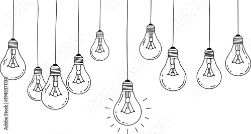 Creative idea concept with hanging light bulbs and one glowing bulb, hand drawn line art illustration of unique thinking and leadership, isolated on white background