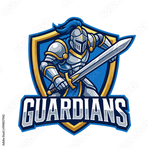 This logo illustrates a knight in shining armor with a sword, symbolizing protection and bravery. Perfect for sports teams or gaming groups looking for a strong identity.