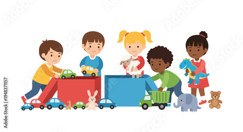 Diverse group of five happy children joyfully play with various toys including cars, stuffed animals, and a dinosaur around colorful toy storage boxes.