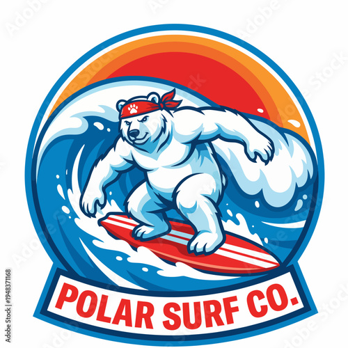 An adorable polar bear riding a wave on a surfboard, embodying fun and adventure in water sports. Perfect for surf-related brands looking for a unique, vibrant identity.