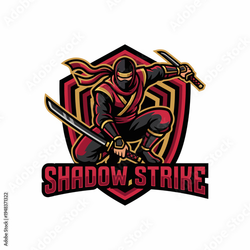 A sleek ninja figure poised for action, brandishing two swords against a bold backdrop, embodying stealth, agility, and the spirit of martial arts for a striking visual impact.