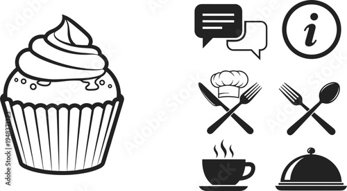 Set of bakery and restaurant icons with cupcake illustration, black silhouette symbols of chef hat, cutlery, coffee cup and food service, vector isolated on white