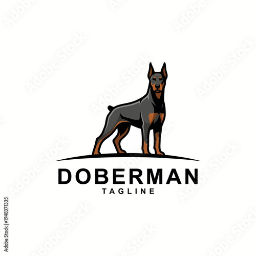 A majestic Doberman depicted in a poised stance, showcasing its sleek physique and confident demeanor, ideal for pet lovers and those appreciating canine elegance.