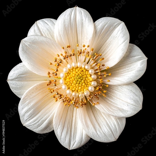 Solitary white flower blossom with yellow center and pearl-like stamens against a stark black background