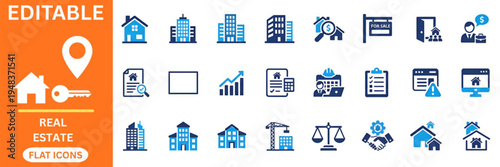 Comprehensive real estate and property management flat icons. House, skyscraper, for sale sign, mortgage search, agent with briefcase, key and location pin