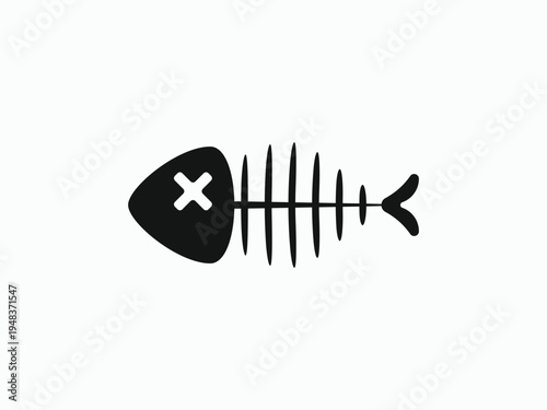 Flat fish bone skeleton vector icon with X eye, symbol for dead fish, sea pollution, toxic waste, or hunger