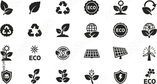 Set of ecology and renewable energy icons, black silhouette symbols of recycling, solar panels, wind turbines, green leaves and eco friendly energy concepts, vector illustration isolated on white 