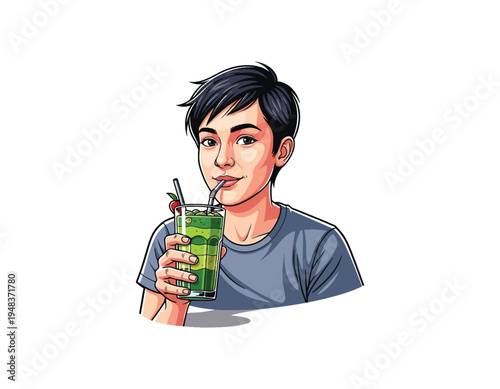 A vibrant illustration of a young man enjoying a refreshing green smoothie, perfect for health and wellness content, capturing a moment of healthy living