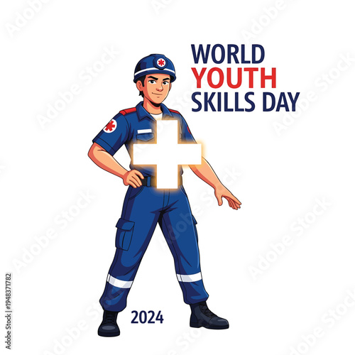 World Youth Skills Day nurse rescuer with medical cross symbol