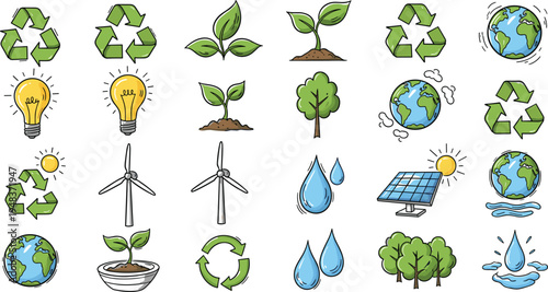 Set of hand drawn ecology and renewable energy icons, sketches of recycling symbols, green leaves, earth globes, solar panels and wind turbines, vector illustration isolated on white
