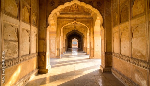 Arched corridor of a historical building, bathed in sunlight, stretching into the distance with weathered stone walls