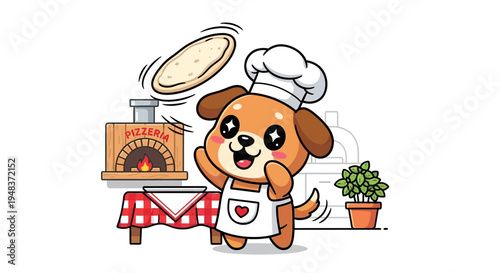 Pizza Chef Pup's Delight: An adorable puppy chef joyfully tosses a pizza dough, with the pizzeria oven glowing warmly behind.