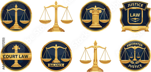 Set of luxury law and justice emblems, golden scale of justice icons, legal balance symbols and court law badges, vector illustration isolated on white background