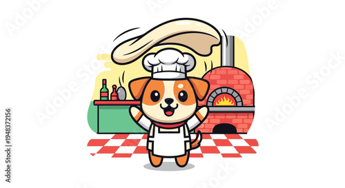 Chef Dog: A cute cartoon dog chef, tosses pizza dough high in the air, standing proudly in a vibrant pizzeria, his cheerful demeanor promising a delicious culinary experience.
