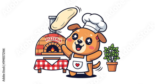 Pizza Chef Pup: A charming cartoon dog, wearing a chef hat and apron, joyfully tosses pizza dough in front of a pizzeria oven, exuding culinary enthusiasm.