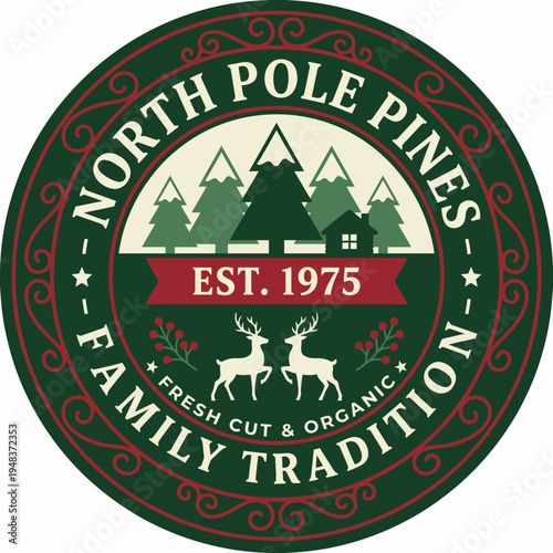 A festive and charming logo design featuring a Christmas tree within a circular badge, ideal for holiday traditions, family gatherings, and Christmas tree sales events.