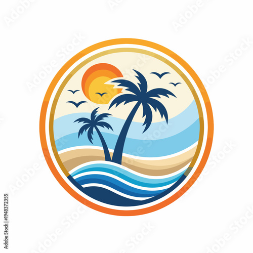 A beautifully illustrated tropical beach scene features palm trees, gentle waves, and a warm sun in the sky. Ideal for conveying relaxation and vacation vibes.