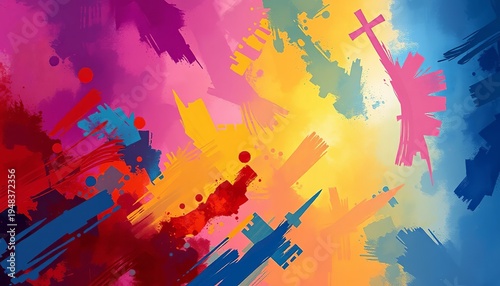A vibrant abstract painting depicting a Christian cross in a kaleidoscope of colors symbolizing faith and spirituality.