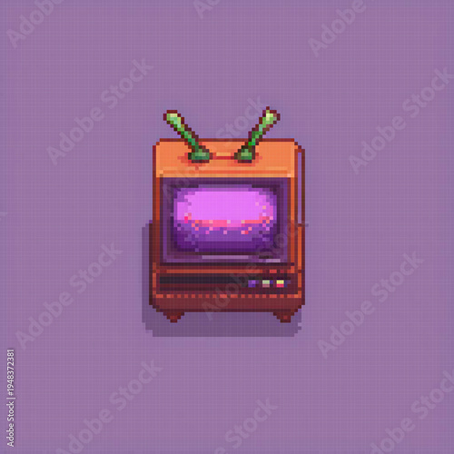 An orange TV with green antennae, a purple screen, and a pixel art style.