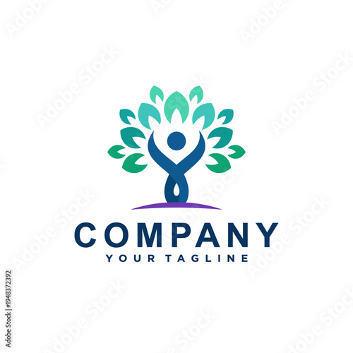 This logo represents a stylized tree with a human figure, embodying wellness, growth, and harmony, ideal for health, wellness, or eco-friendly brands seeking a nurturing identity.