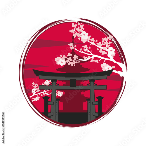 A serene and vibrant depiction of a traditional torii gate surrounded by cherry blossoms, symbolizing tranquility, nature's beauty, and cultural significance in Japanese art.