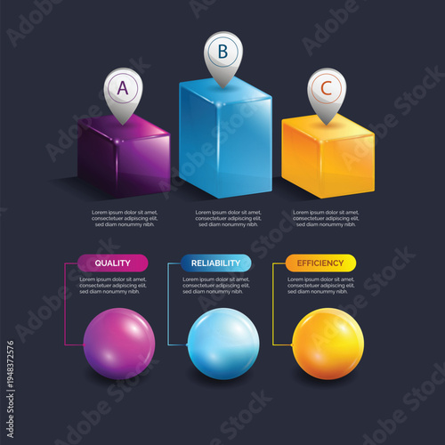 Presentation business infographic template with 3 options for quality, reliability, and efficiency.