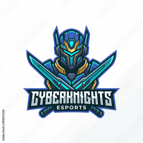 A dynamic esports logo featuring a knight in armor with vibrant colors, emphasizing the competitive spirit and futuristic theme of the gaming world.