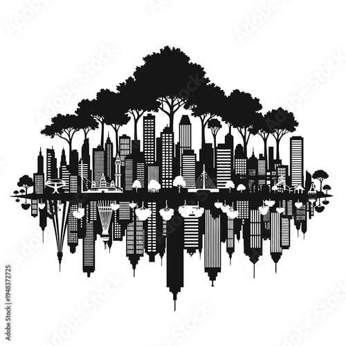 Symmetrical silhouette of an urban skyline blended with lush trees, reflecting a harmonious vision of nature and city life for sustainable development