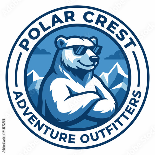 A cool polar bear mascot in sunglasses, exuding adventure spirit, making it an ideal representation for outdoor gear and adventure-related brands.