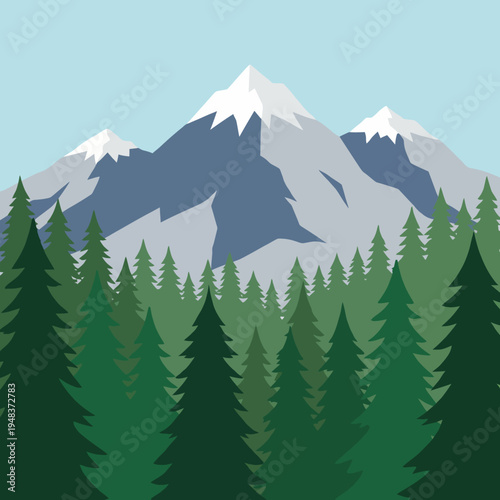 This serene mountain landscape features majestic peaks and lush pine trees, capturing the essence of nature's beauty, perfect for outdoor themes and environmental projects.