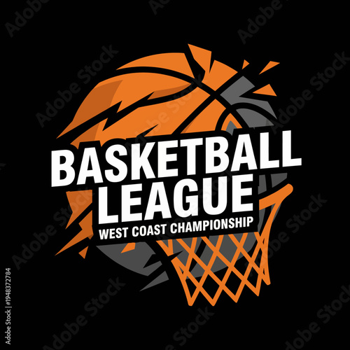 A dynamic basketball graphic featuring a ball and hoop, showcasing competition and excitement, perfect for promotional materials for sports events and leagues.