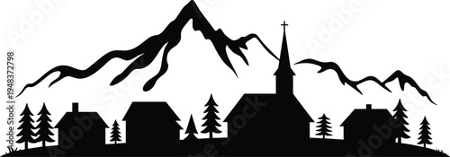 Mountain village silhouette featuring small houses and a church with a steeple against a majestic mountain range background.