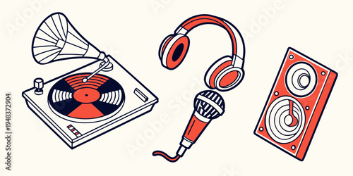 a drawing of a record player, headphones and a cassette player Vector