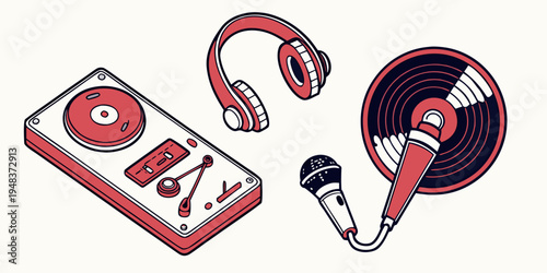 a boombox with headphones and a vinyl record player Vector