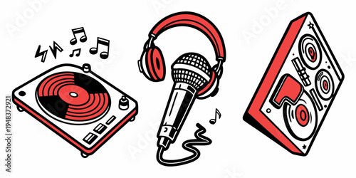 a dj setup with a turntable, headphones and a speaker Vector