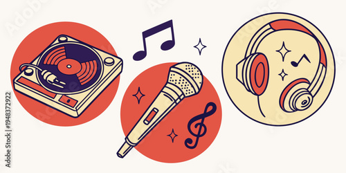 music icons with a microphone and headphones Vector