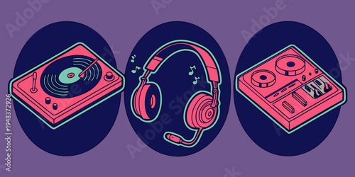 vinyl records and headphones for music Vector