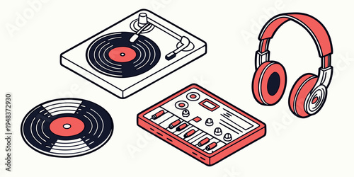 a dj setup with turntable headphones and mixer Vector