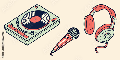 a dj setup with turntable microphone and headphones Vector