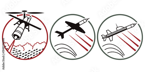icons of helicopter airplane and rocket in flight Vector