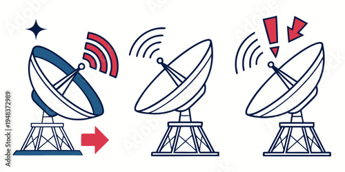 Three satellite dishes with signal waves Vector