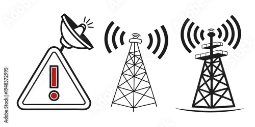 a set of radio towers and a warning sign Vector