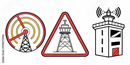 cell tower icons with warning signs Vector
