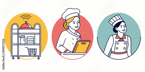Three chefs with different cooking related icons Vector