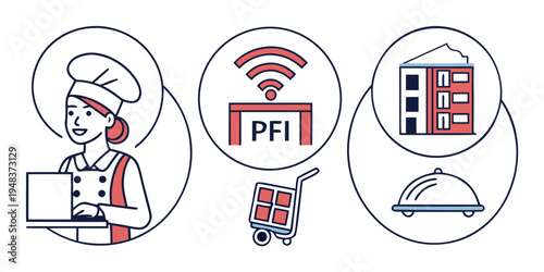 a chef with a laptop and restaurant icons Vector