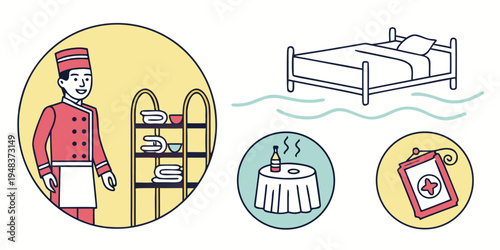 a butler standing next to a cart with a white background Vector