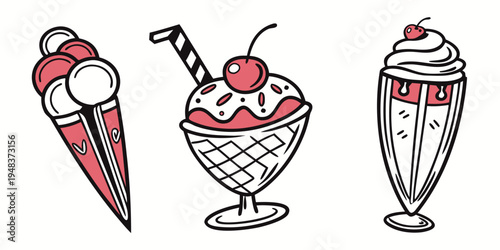 a drawing of ice cream cone, sundae and milkshake Vector
