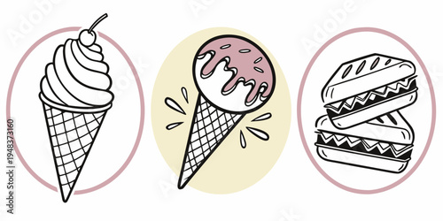 a drawing of an ice cream cone and a hamburger Vector