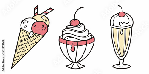 a set of ice cream cone, sundae, and milkshake Vector